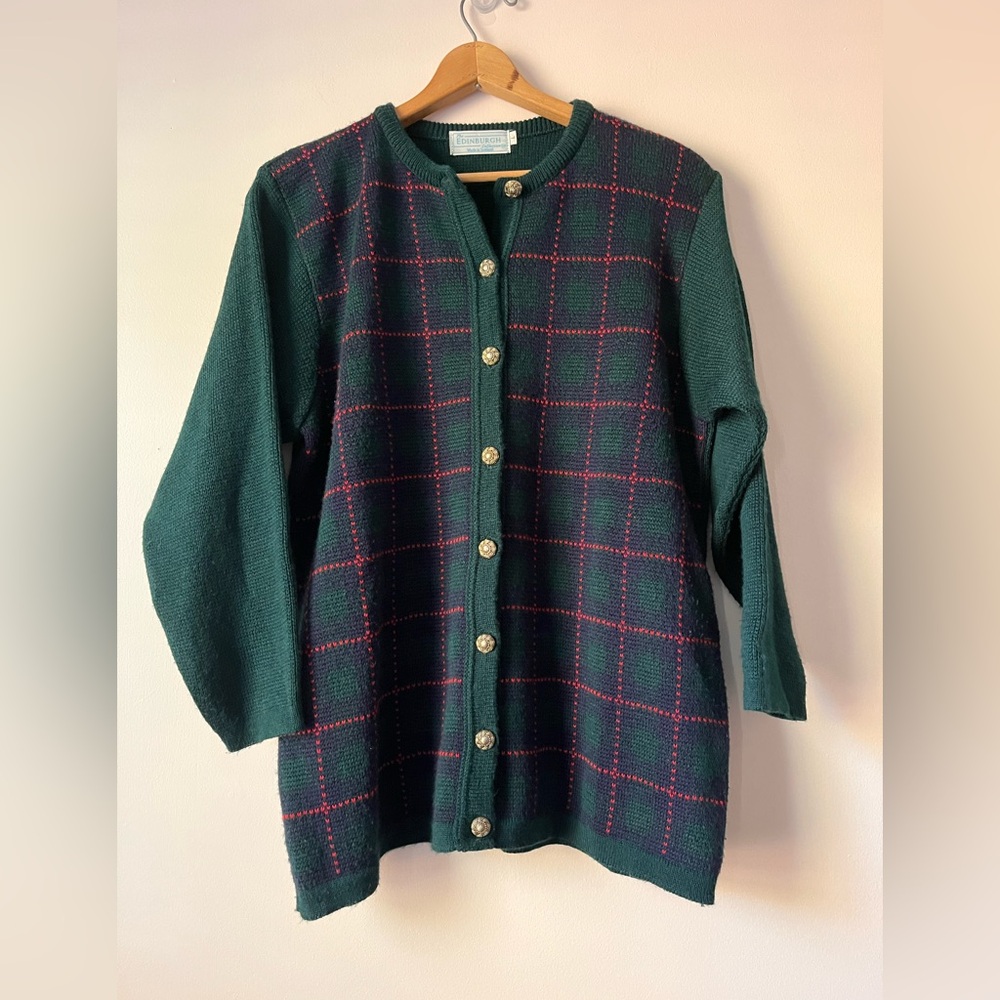Vintage Edinburgh Christmas Plaid Green Red Wool Blend Cardigan